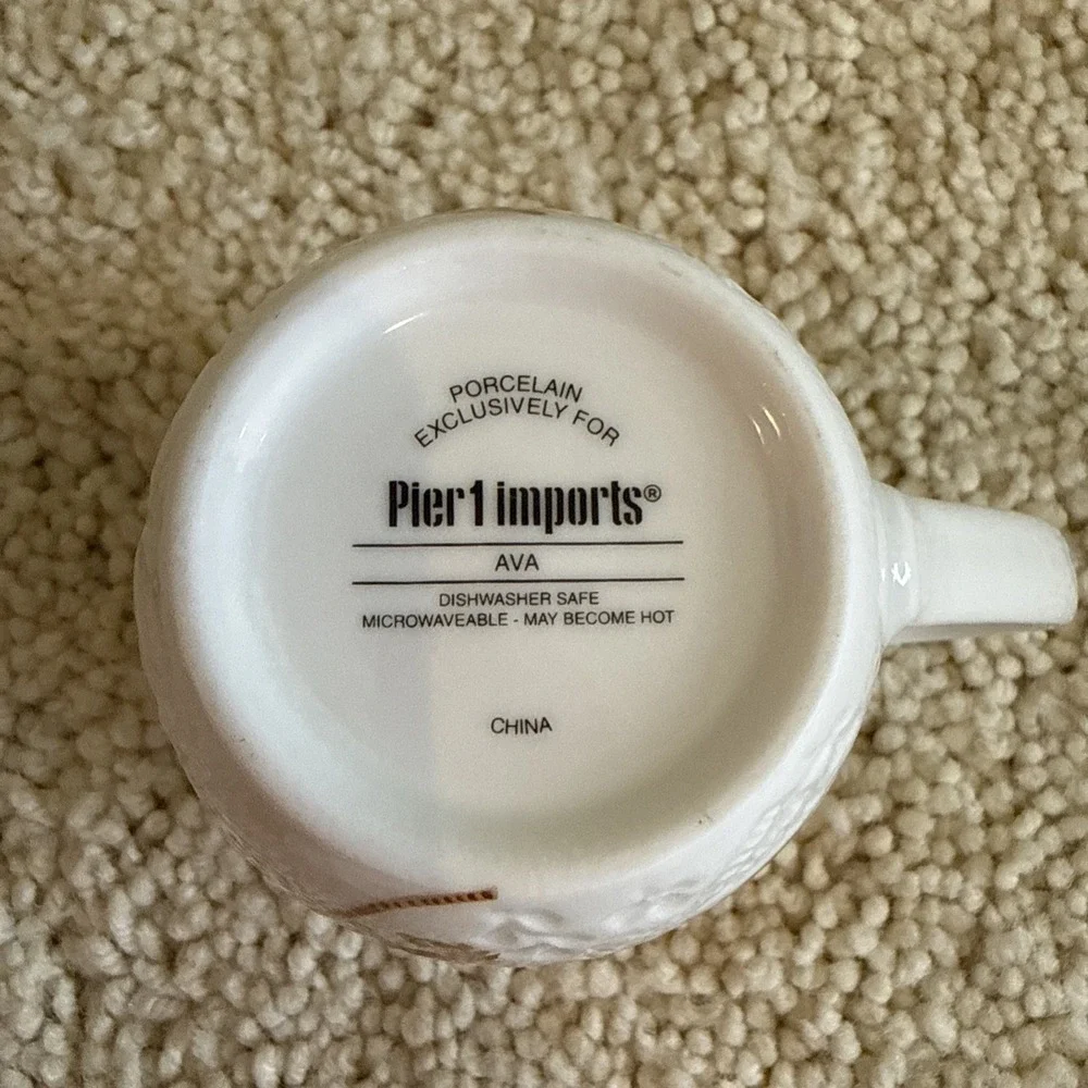 Pier 1 White Tan Floral Porcelain Initial T Ava Microwave Safe Coffee Mug Cup